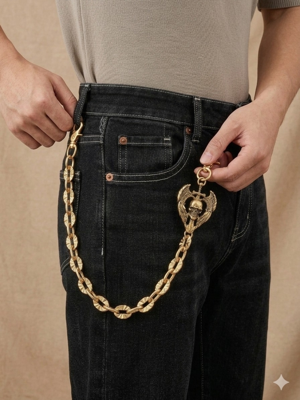 Goth Gold Link Pants Chain Winged Skull 24 Inches
